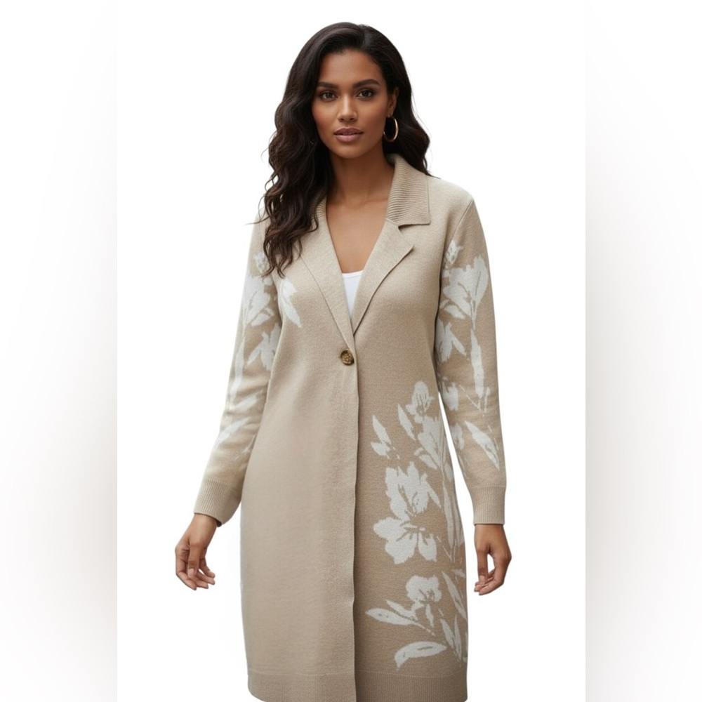 Kathy Ireland Elegant Floral Longline Stretchy Knit Cardigan Coat Size Medium